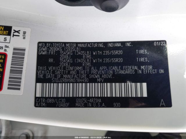 5TDJZRBH9NS184490 Toyota Highlander Xse