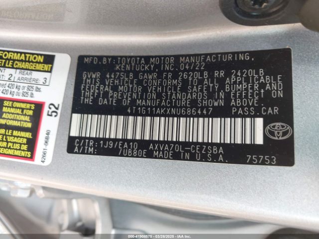 4T1G11AKXNU686447 Toyota CAMRY SE