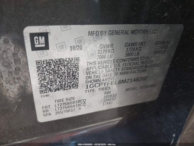 1GCPYFEL6MZ148202 Chevrolet Silverado 1500 4wd  Short Bed Lt Trail Boss