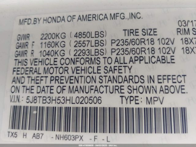 5J8TB3H53HL020506 Acura RDX