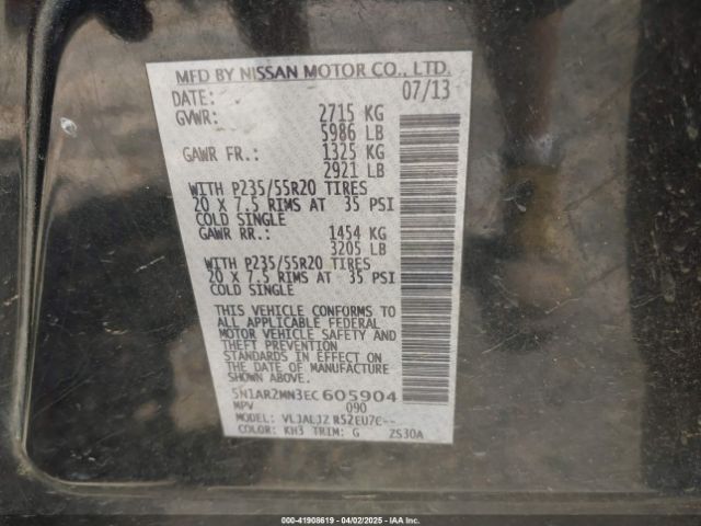 5N1AR2MN3EC605904 Nissan Pathfinder Platinum