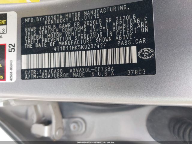 4T1B11HK5KU207427 Toyota CAMRY SE