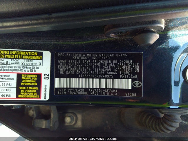 4T1B11HK5KU740975 Toyota CAMRY SE