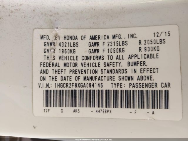 1HGCR2F8XGA094146 Honda ACCORD EXL