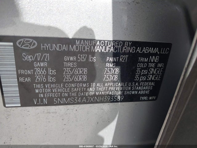 5NMS34AJXNH393589 Hyundai Santa Fe Sel