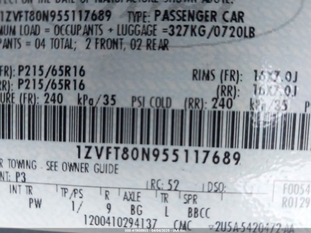 2005 FORD MUSTANG 1ZVFT80N955117689 Photo 8