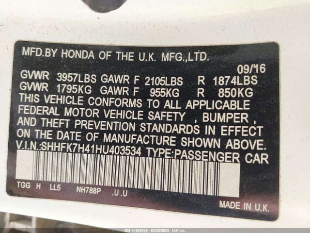 SHHFK7H41HU403534 Honda Civic Sport