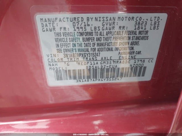 3N1AB7APXGY315247 Nissan SENTRA SV