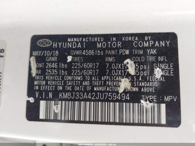 KM8J33A42JU759494 Hyundai TUCSON SEL