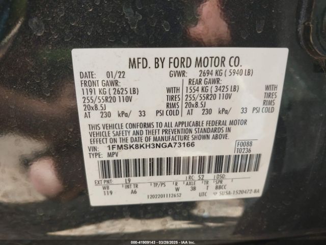 1FMSK8KH3NGA73166 Ford Explorer St-line