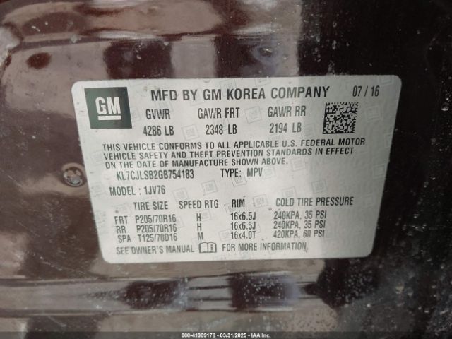 KL7CJLSB2GB754183 Chevrolet Trax Lt