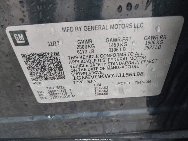 1GNEVGKW7JJ156198 Chevrolet Traverse 1lt