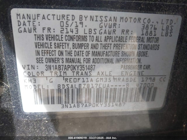 Nissan SENTRA S 2019 3N1AB7AP0KY351487 Image 9
