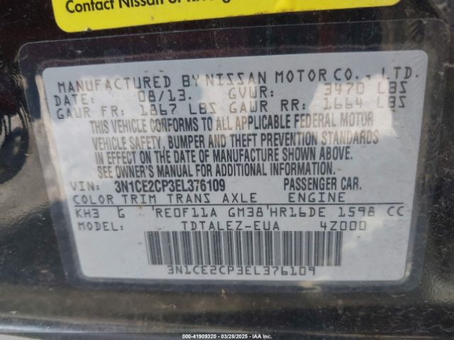 3N1CE2CP3EL376109 Nissan Versa Note Sv