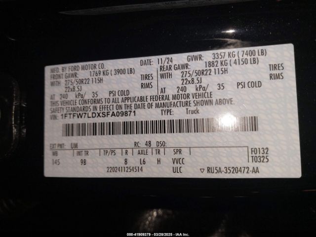 1FTFW7LDXSFA09871 Ford F-150 Platinum