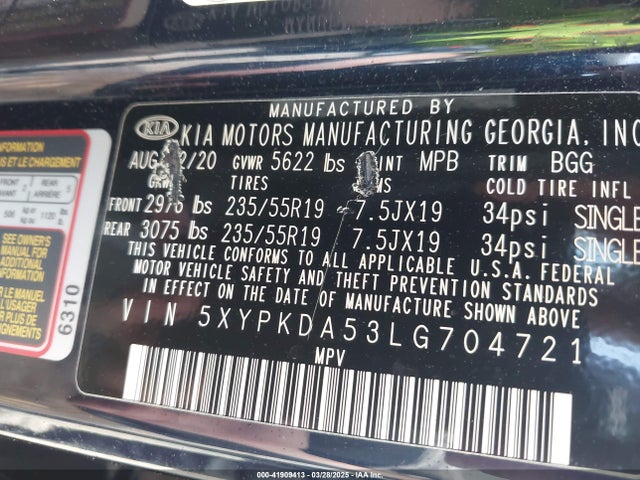 5XYPKDA53LG704721 KIA Sorento 3.3l Sx