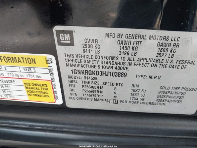 1GNKRGKD0HJ103889 Chevrolet Traverse 1lt