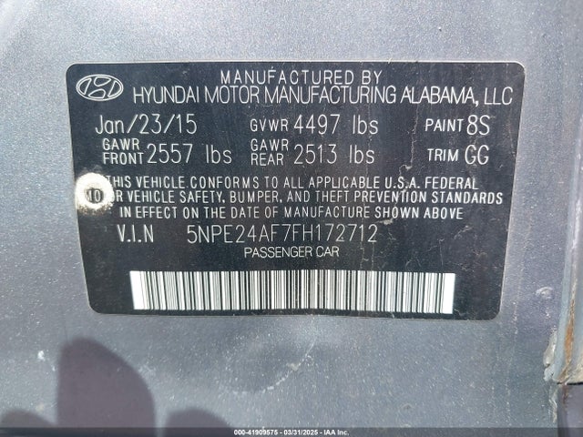 5NPE24AF7FH172712 Hyundai SONATA SE