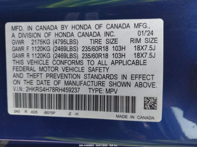2HKRS4H78RH459237 Honda Cr-v Ex-l Awd