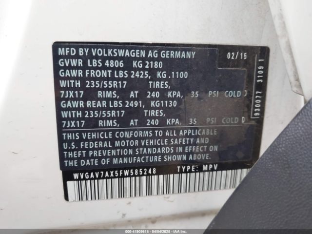 WVGAV7AX5FW585248 Volkswagen TIGUAN SE