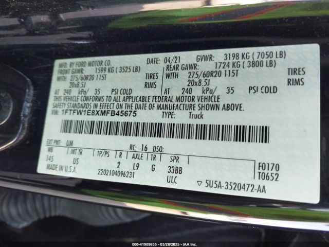 1FTFW1E8XMFB45675 Ford F-150 Xlt
