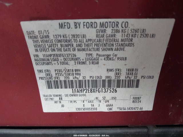 Ford TAURUS SEL 2015 1FAHP2E8XFG137526 Image 9