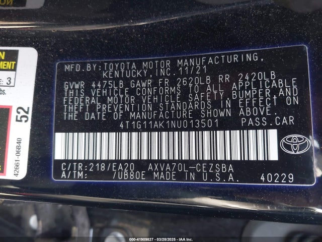 4T1G11AK1NU013501 Toyota CAMRY SE