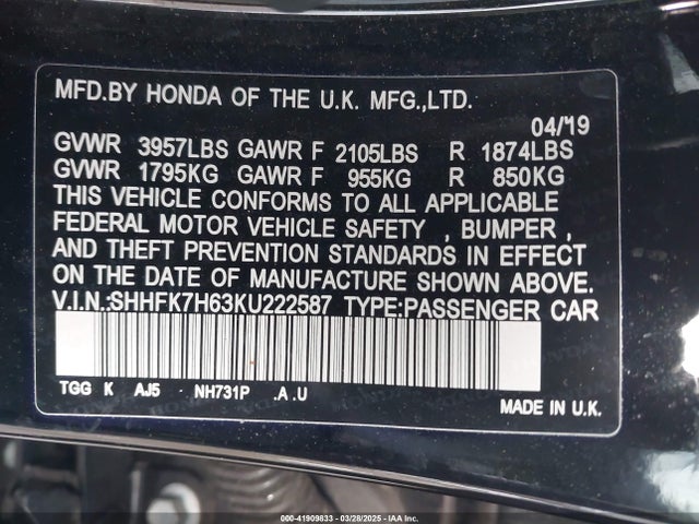 SHHFK7H63KU222587 Honda CIVIC EX