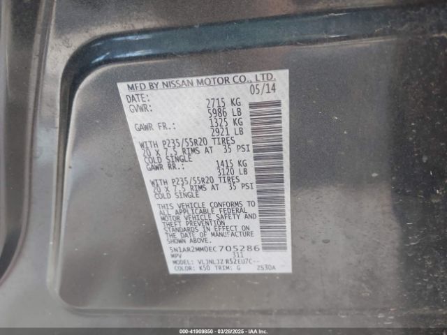 5N1AR2MM0EC705286 Nissan Pathfinder Platinum