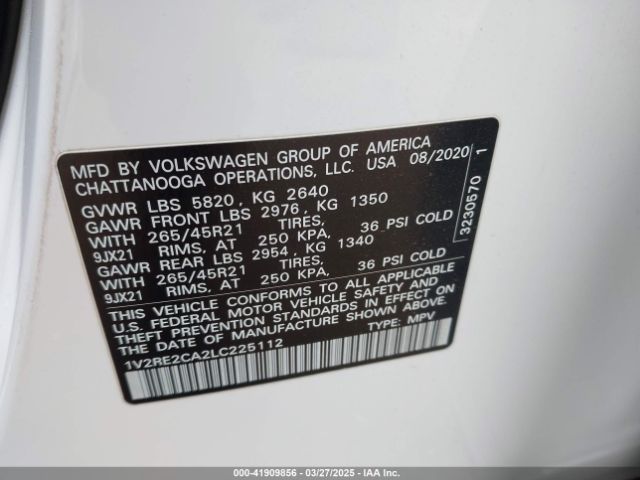 1V2RE2CA2LC225112 Volkswagen Atlas Cross Sport 3.6l V6 Sel R-line