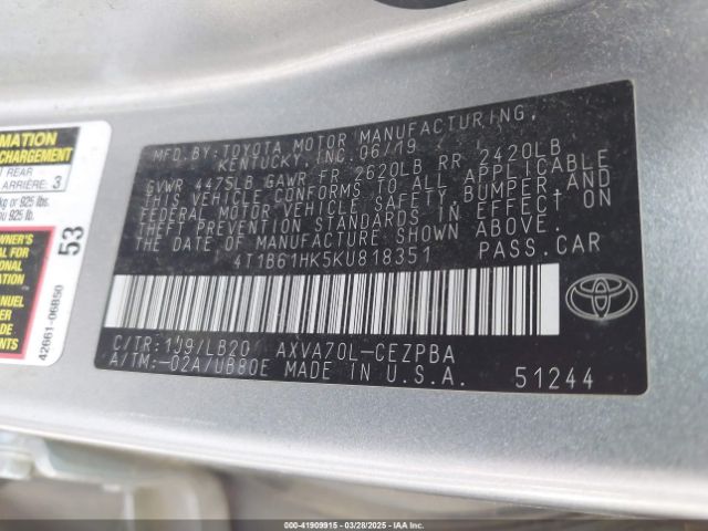 4T1B61HK5KU818351 Toyota CAMRY XSE