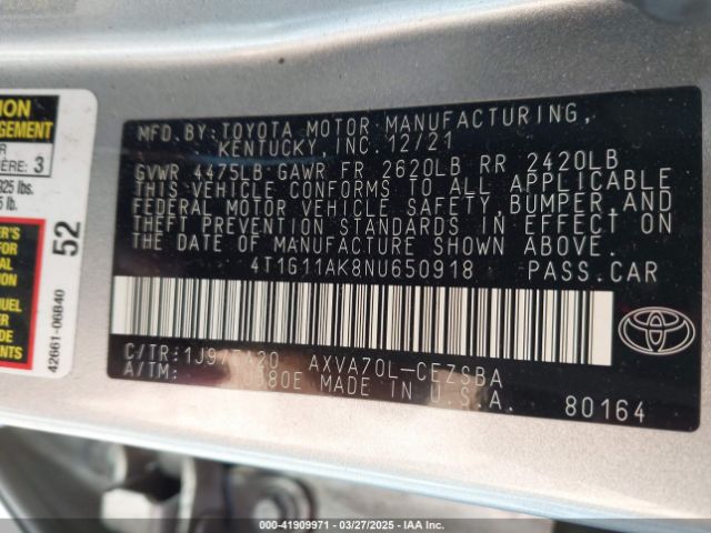 4T1G11AK8NU650918 Toyota CAMRY SE