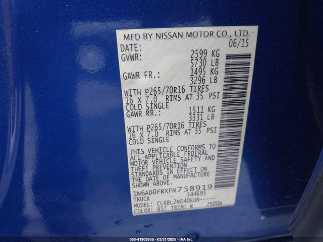 1N6AD0FRXFN758919 Nissan Frontier Sv
