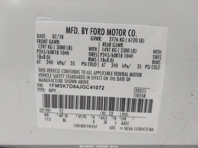 1FM5K7D84JGC41072 Ford EXPLORER XLT