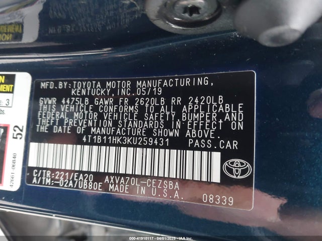 4T1B11HK3KU259431 Toyota CAMRY SE
