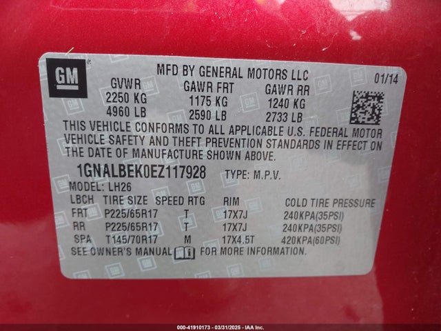 1GNALBEK0EZ117928 Chevrolet EQUINOX 1LT