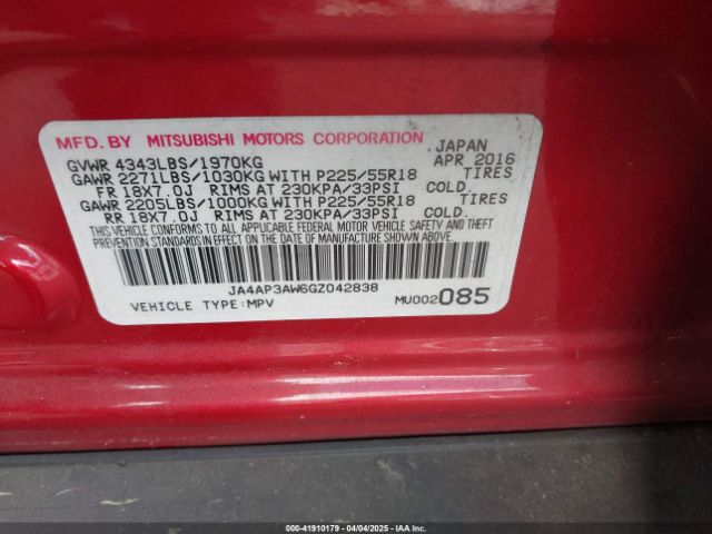 JA4AP3AW6GZ042838 Mitsubishi Outlander Sport 2.4 Es