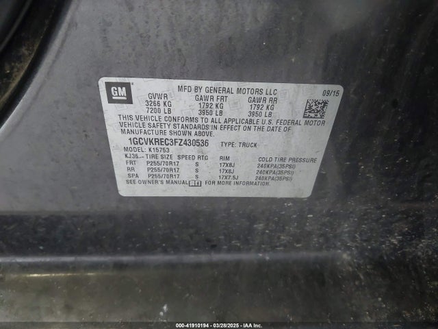1GCVKREC3FZ430536 Chevrolet Silverado 1500 1lt