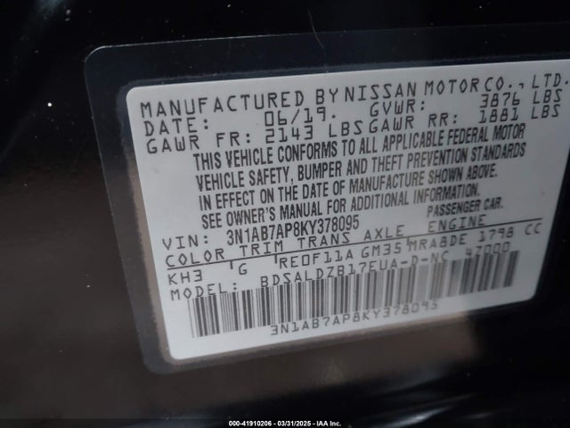 3N1AB7AP8KY378095 Nissan SENTRA SV