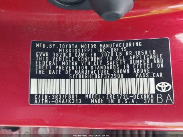 5YFBURHE0GP372908 Toyota COROLLA LE