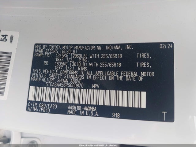 5TDABAA56RS000870 Toyota a25a-fxs, 5nm
