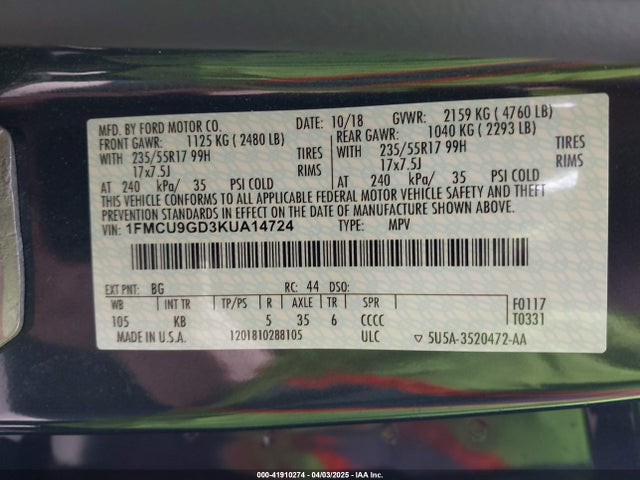 1FMCU9GD3KUA14724 Ford ESCAPE SE