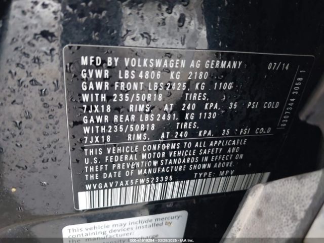 WVGAV7AX5FW523395 Volkswagen Tiguan Sel