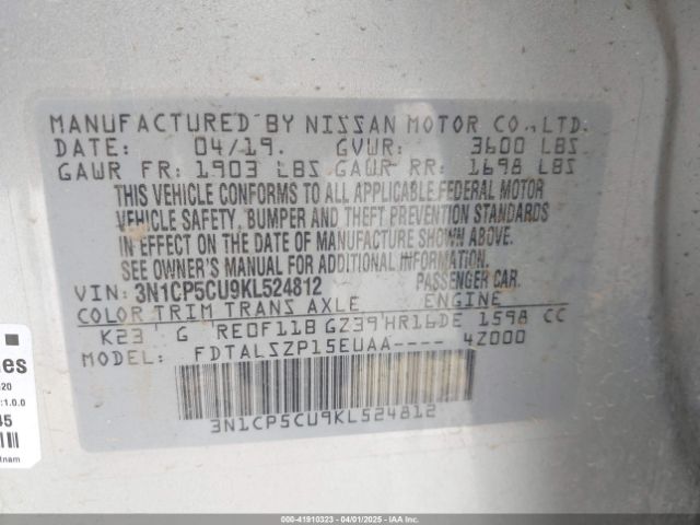 3N1CP5CU9KL524812 Nissan KICKS SV