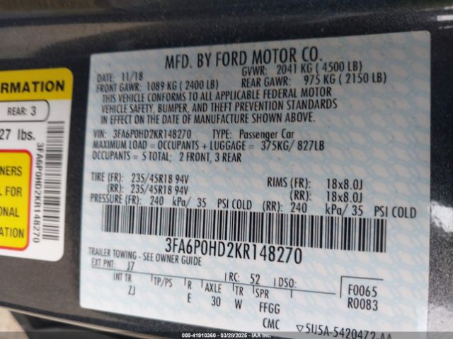 3FA6P0HD2KR148270 Ford FUSION SE