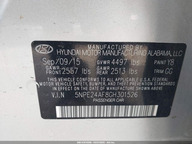 5NPE24AF8GH301526 Hyundai SONATA SE