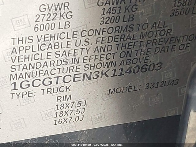 1GCGTCEN3K1140603 Chevrolet Colorado Lt