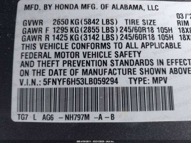 5FNYF6H53LB059294 Honda Pilot Awd Ex-l