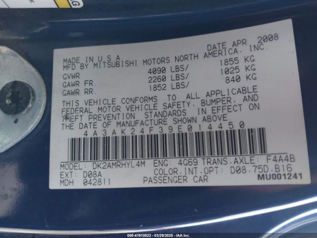 2009 MITSUBISHI ECLIPSE 4A3AK24F39E014450 Photo 8