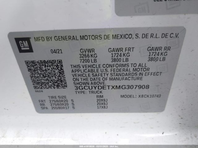 3GCUYDETXMG307908 Chevrolet Silverado 1500 4wd  Standard Bed Lt